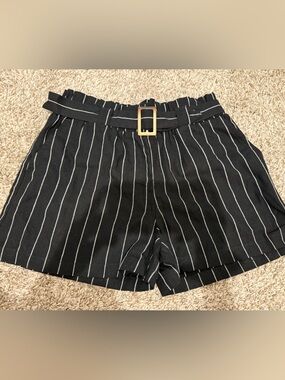 Black Pinstripe Paperbag Waist Shorts with Belt by Sapphire Red